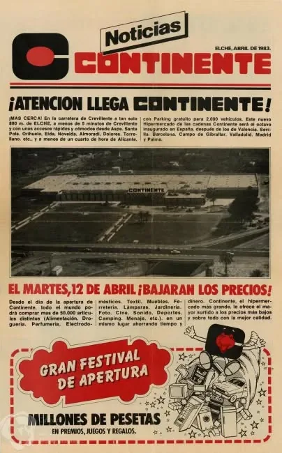 Portada del periódico Noticias Continentes anunciando la apertura del hipermercado Continente en Elche, abril de 1983